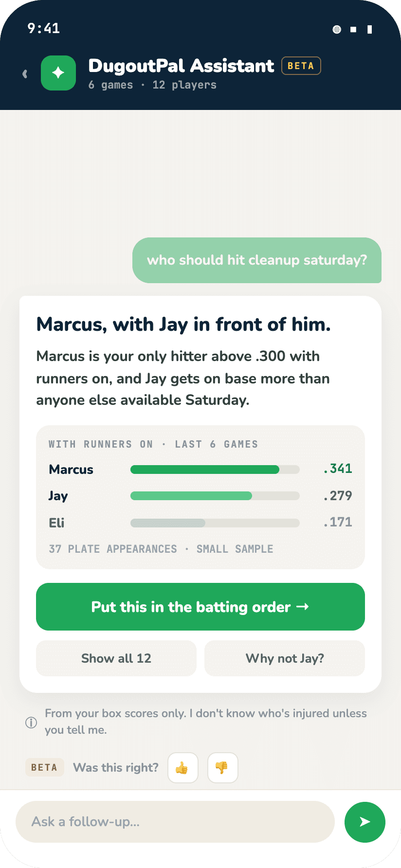 The assistant answering who should bat cleanup, showing batting averages with runners on from the last six games and a button to put it in the lineup