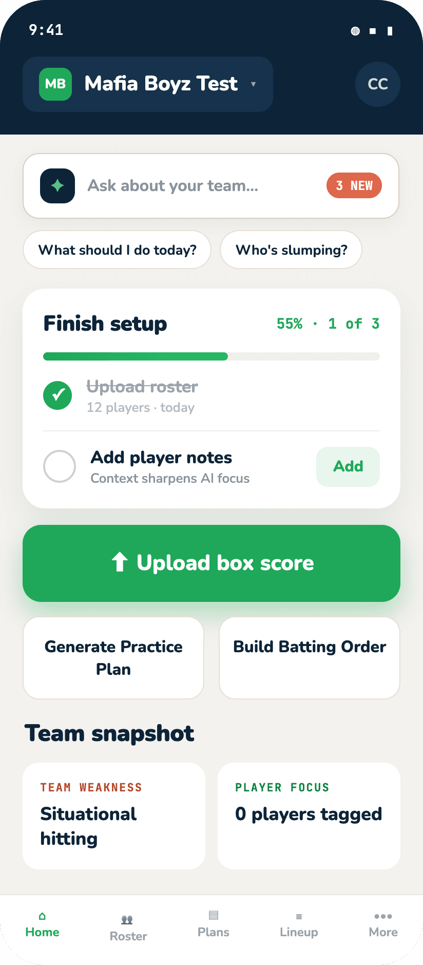 DugoutPal home screen with the assistant ask bar sitting above the setup checklist