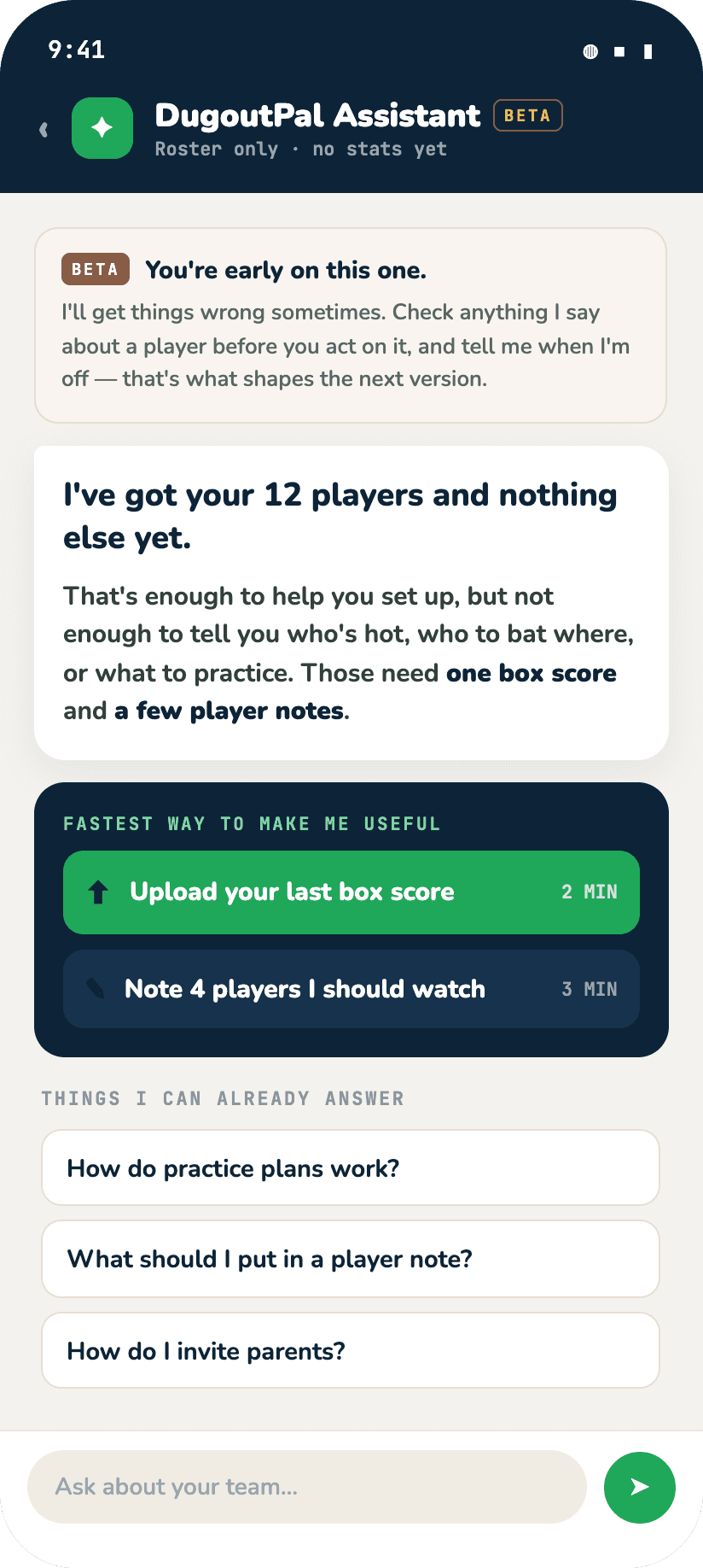 The assistant on day one, offering the two fastest ways to make it useful and three questions it can already answer