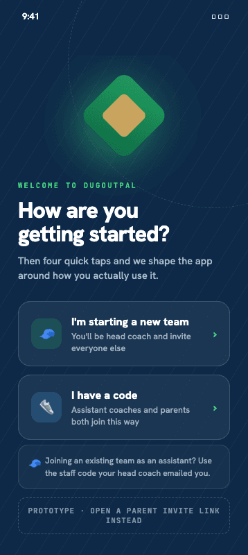 Onboarding: start a new team as head coach, or join with a code